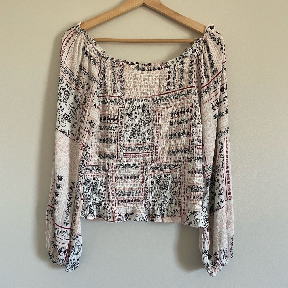 American Rag Printed Smocked Poet-Sleeved Blouse